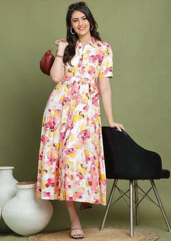 Casual Summer Floral Button-Down Midi Dress - Short Sleeve