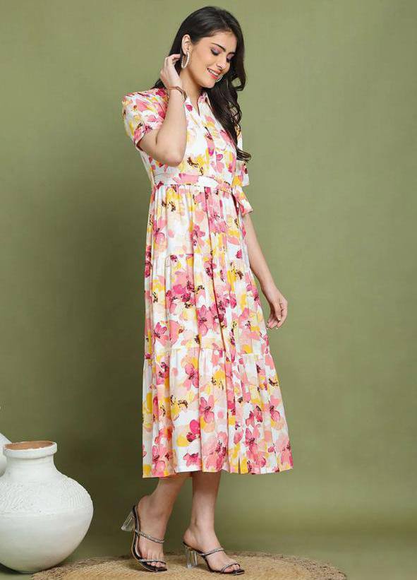 Casual Summer Floral Button-Down Midi Dress - Short Sleeve