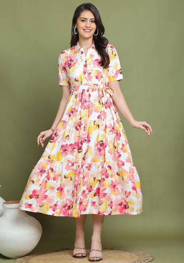 Casual Summer Floral Button-Down Midi Dress - Short Sleeve
