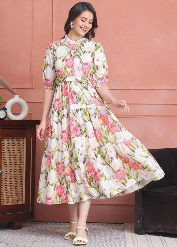 Pink Floral Print Tiered Midi Dress with Tie Waist