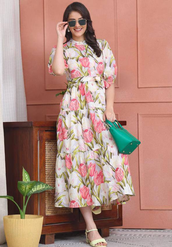 Pink Floral Print Tiered Midi Dress with Tie Waist
