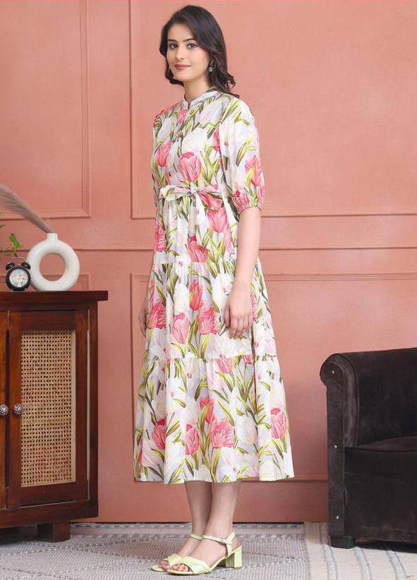Pink Floral Print Tiered Midi Dress with Tie Waist