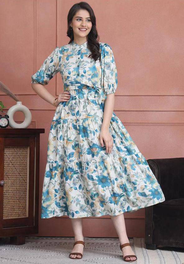 Blue Blossom Floral Tiered Midi Dress with Tie-Waist
