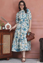 Blue Blossom Floral Tiered Midi Dress with Tie-Waist
