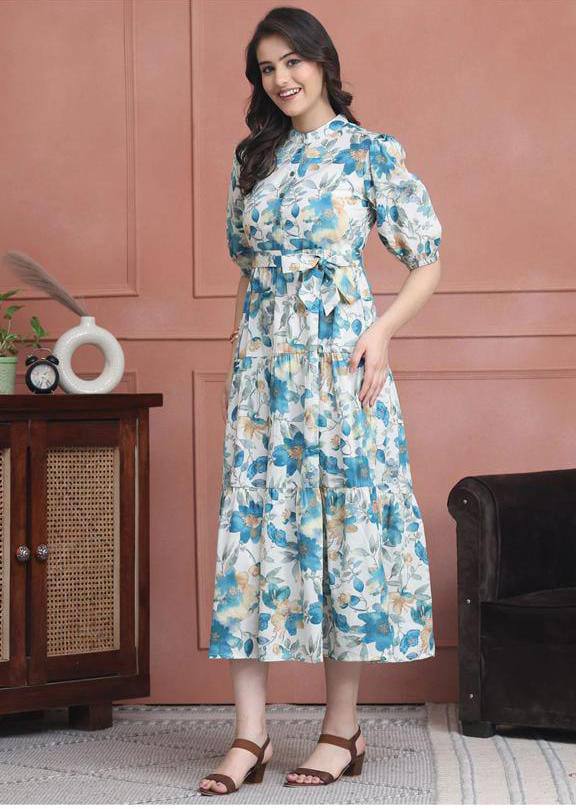Blue Blossom Floral Tiered Midi Dress with Tie-Waist
