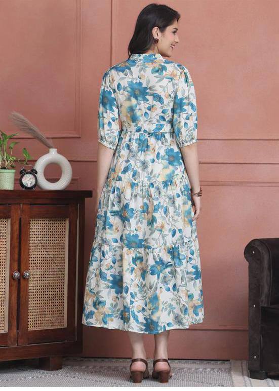 Blue Blossom Floral Tiered Midi Dress with Tie-Waist