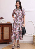 Abstract Earth-Tone Button-Down Midi Dress with Tie Waist