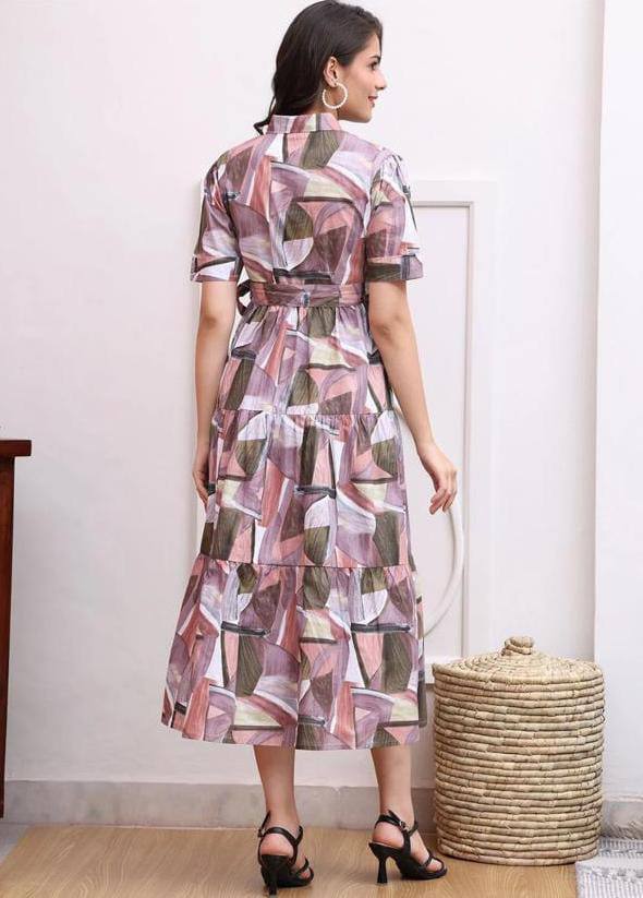 Abstract Earth-Tone Button-Down Midi Dress with Tie Waist