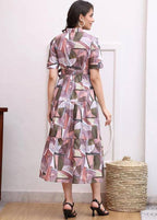 Abstract Earth-Tone Button-Down Midi Dress with Tie Waist