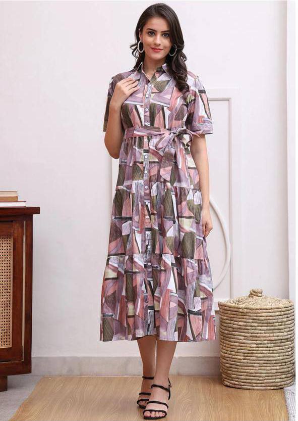 Abstract Earth-Tone Button-Down Midi Dress with Tie Waist