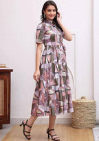 Abstract Earth-Tone Button-Down Midi Dress with Tie Waist