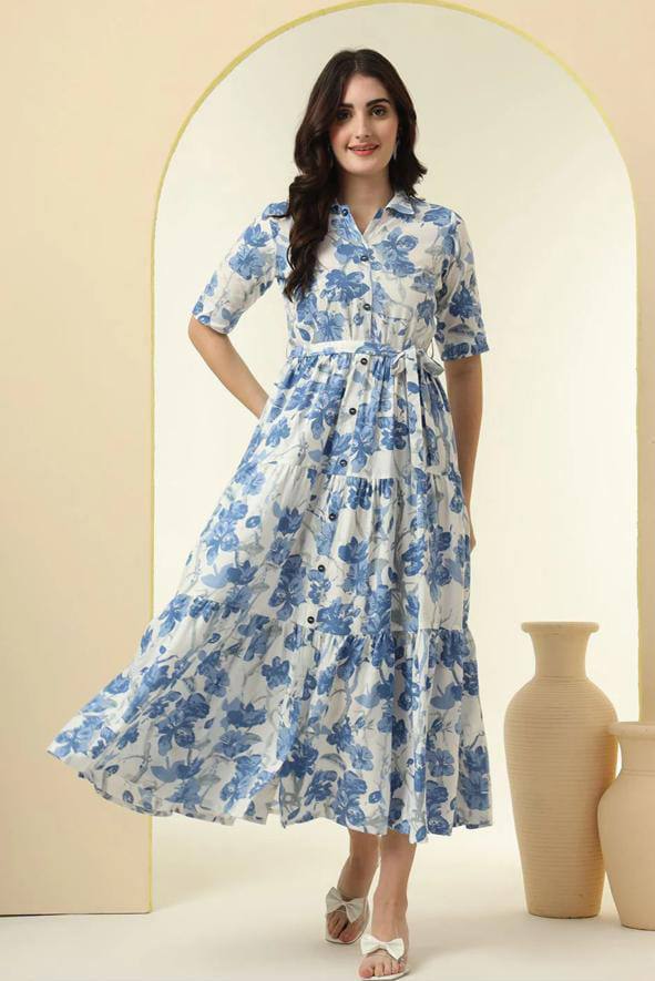 Elegant Blue Floral Button-Down Midi Dress - Summer & Office Wear