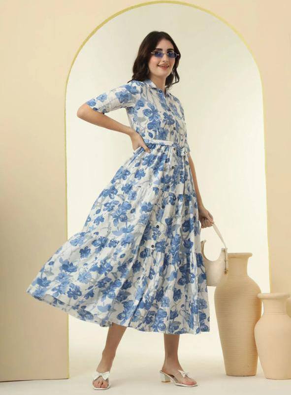 Elegant Blue Floral Button-Down Midi Dress - Summer & Office Wear