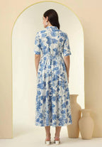 Elegant Blue Floral Button-Down Midi Dress - Summer & Office Wear