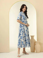 Elegant Blue Floral Button-Down Midi Dress - Summer & Office Wear
