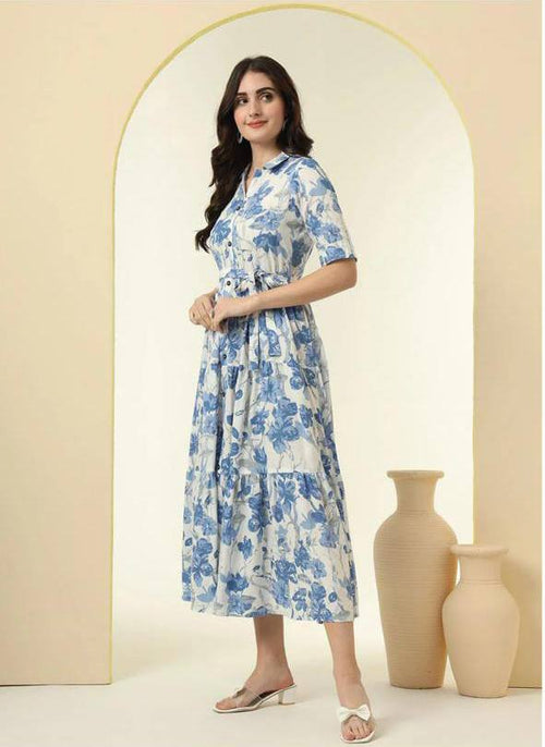 Elegant Blue Floral Button-Down Midi Dress - Summer & Office Wear
