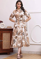 Tropical Brown Leaf Print Tie-Waist Midi Shirt Dress