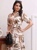 Tropical Brown Leaf Print Tie-Waist Midi Shirt Dress