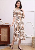 Tropical Brown Leaf Print Tie-Waist Midi Shirt Dress