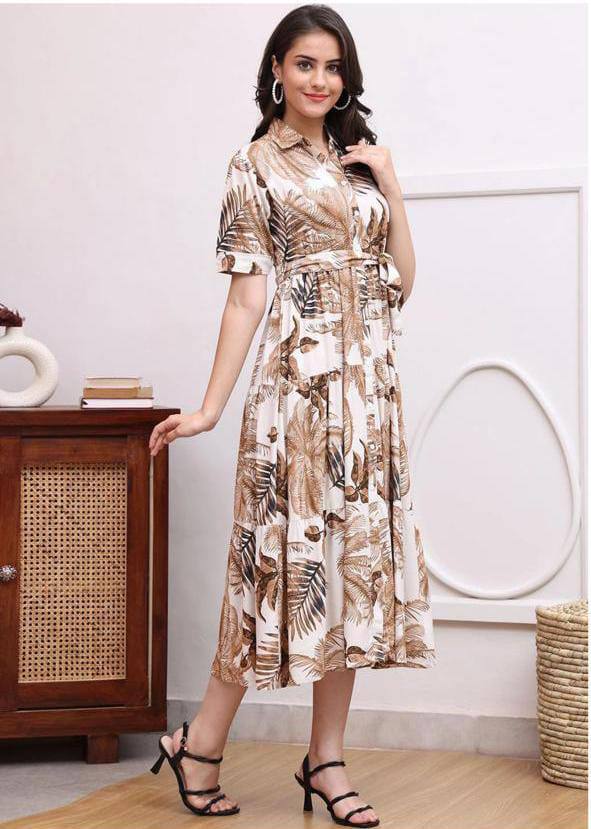 Tropical Brown Leaf Print Tie-Waist Midi Shirt Dress
