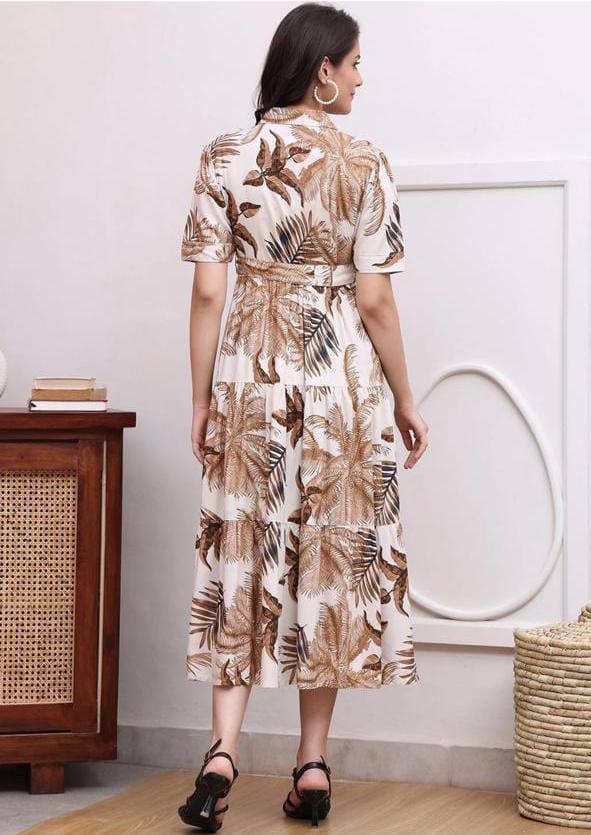 Tropical Brown Leaf Print Tie-Waist Midi Shirt Dress
