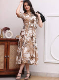 Tropical Brown Leaf Print Tie-Waist Midi Shirt Dress