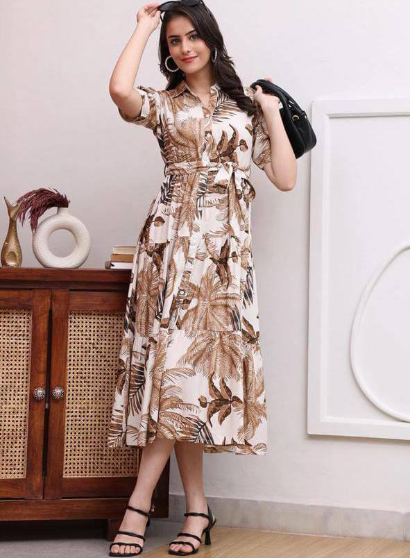 Tropical Brown Leaf Print Tie-Waist Midi Shirt Dress