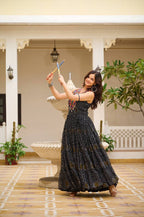 Stunning 12-Meter Big Flair Georgette Bandhani Gown with Gamathi & Mirror Work