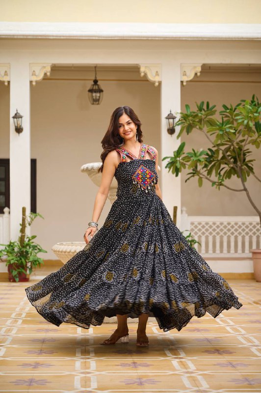 Stunning 12-Meter Big Flair Georgette Bandhani Gown with Gamathi & Mirror Work