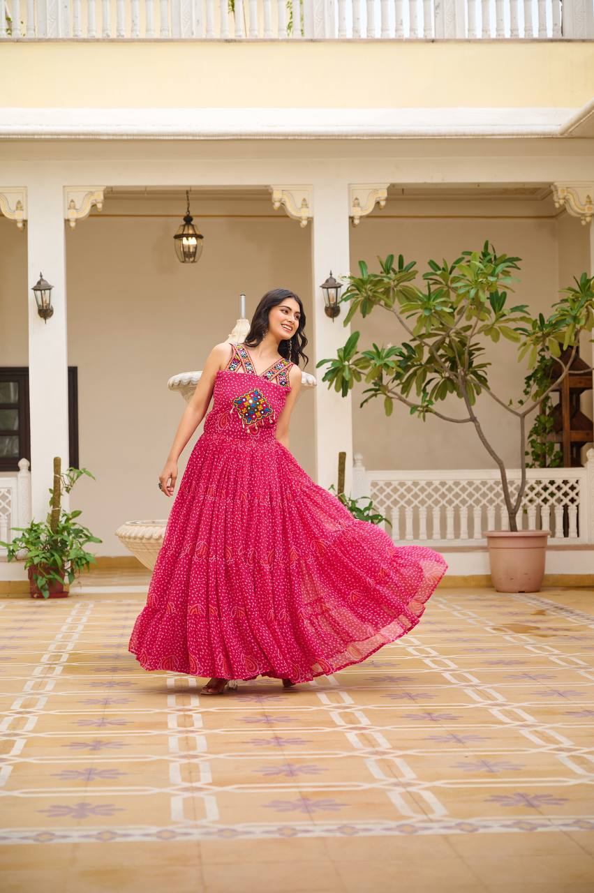 Radiant Pink 12-Meter Big Flair Georgette Bandhani Gown with Gamathi & Mirror Work