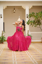 Radiant Pink 12-Meter Big Flair Georgette Bandhani Gown with Gamathi & Mirror Work