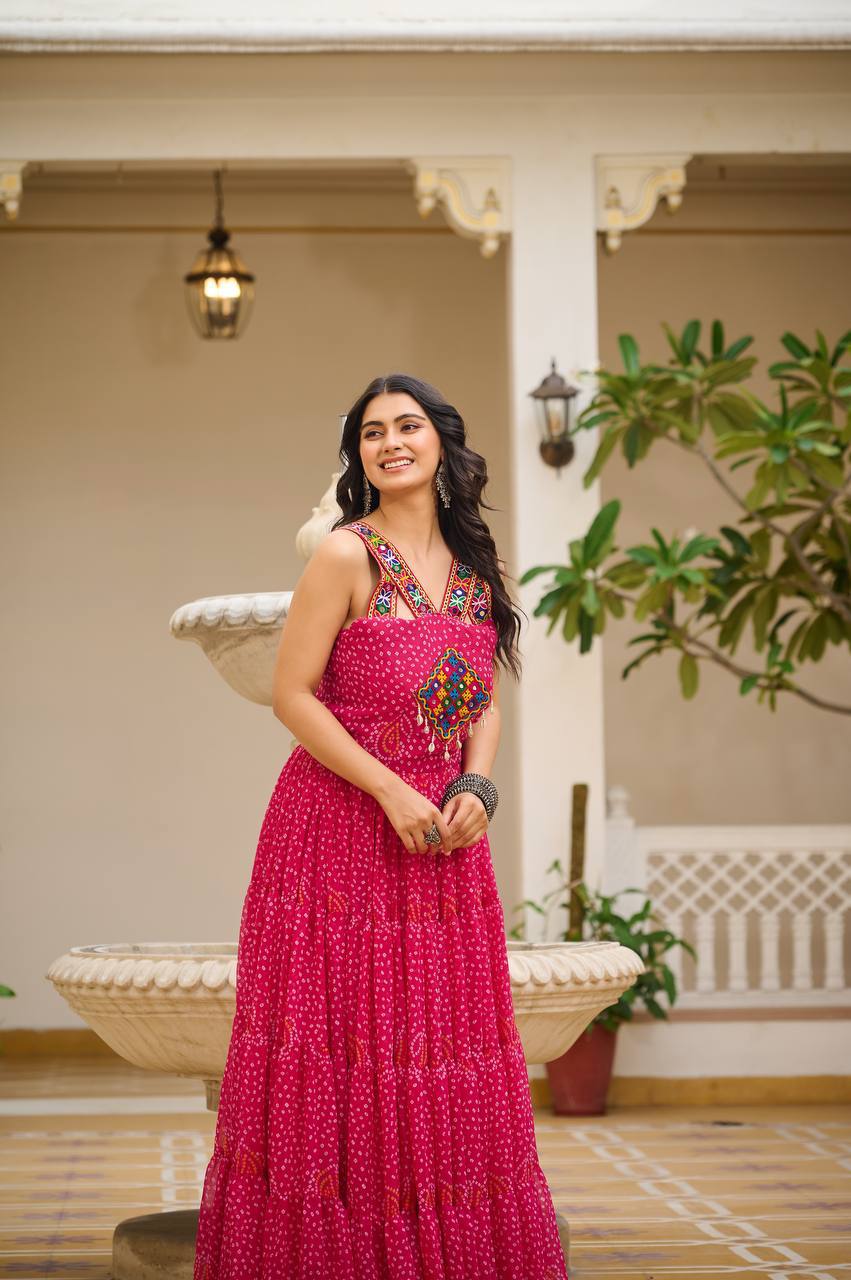 Radiant Pink 12-Meter Big Flair Georgette Bandhani Gown with Gamathi & Mirror Work