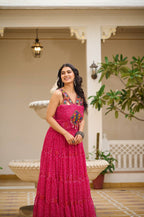 Radiant Pink 12-Meter Big Flair Georgette Bandhani Gown with Gamathi & Mirror Work