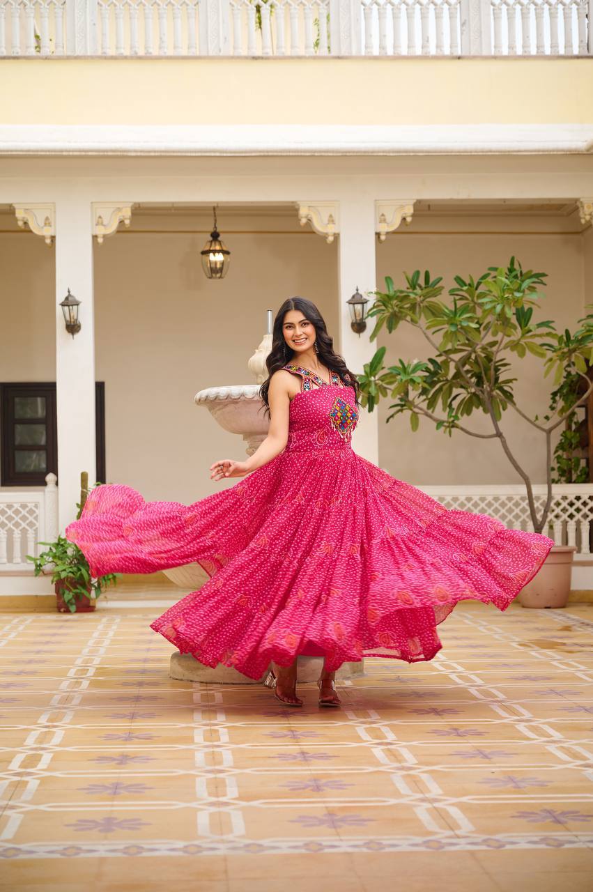 Radiant Pink 12-Meter Big Flair Georgette Bandhani Gown with Gamathi & Mirror Work