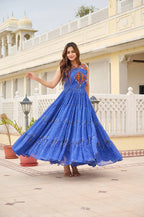 Royal Blue 12-Meter Big Flair Georgette Bandhani Gown with Gamathi & Mirror Work