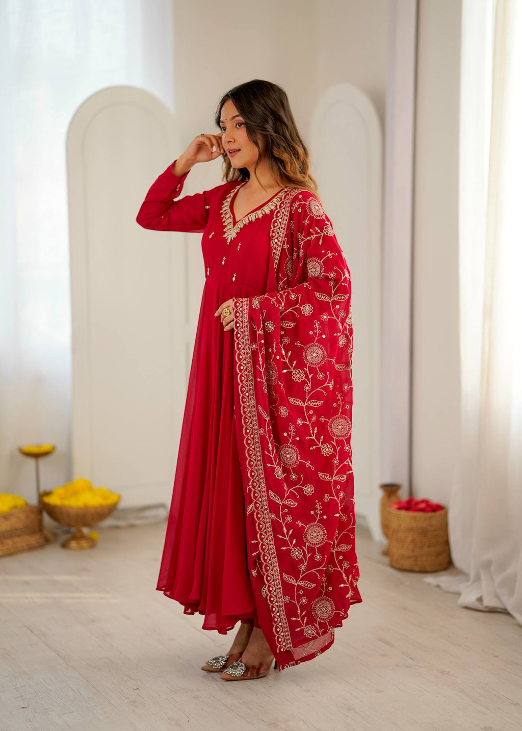 Trending Red Flared Anarkali Gown with Heavy Dupatta