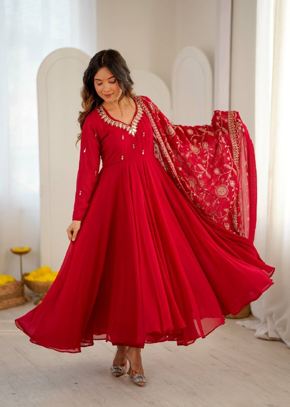 Trending Red Flared Anarkali Gown with Heavy Dupatta