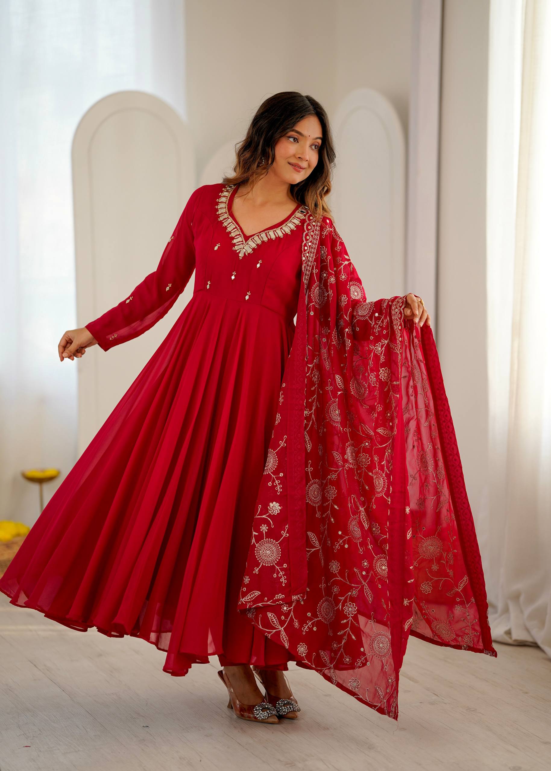 Trending Red Flared Anarkali Gown with Heavy Dupatta