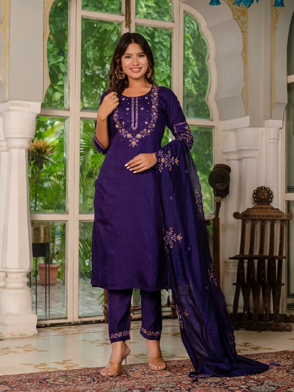 Purple Marina Silk Hand Embroidered Kurti Set with Maslin Dupatta
