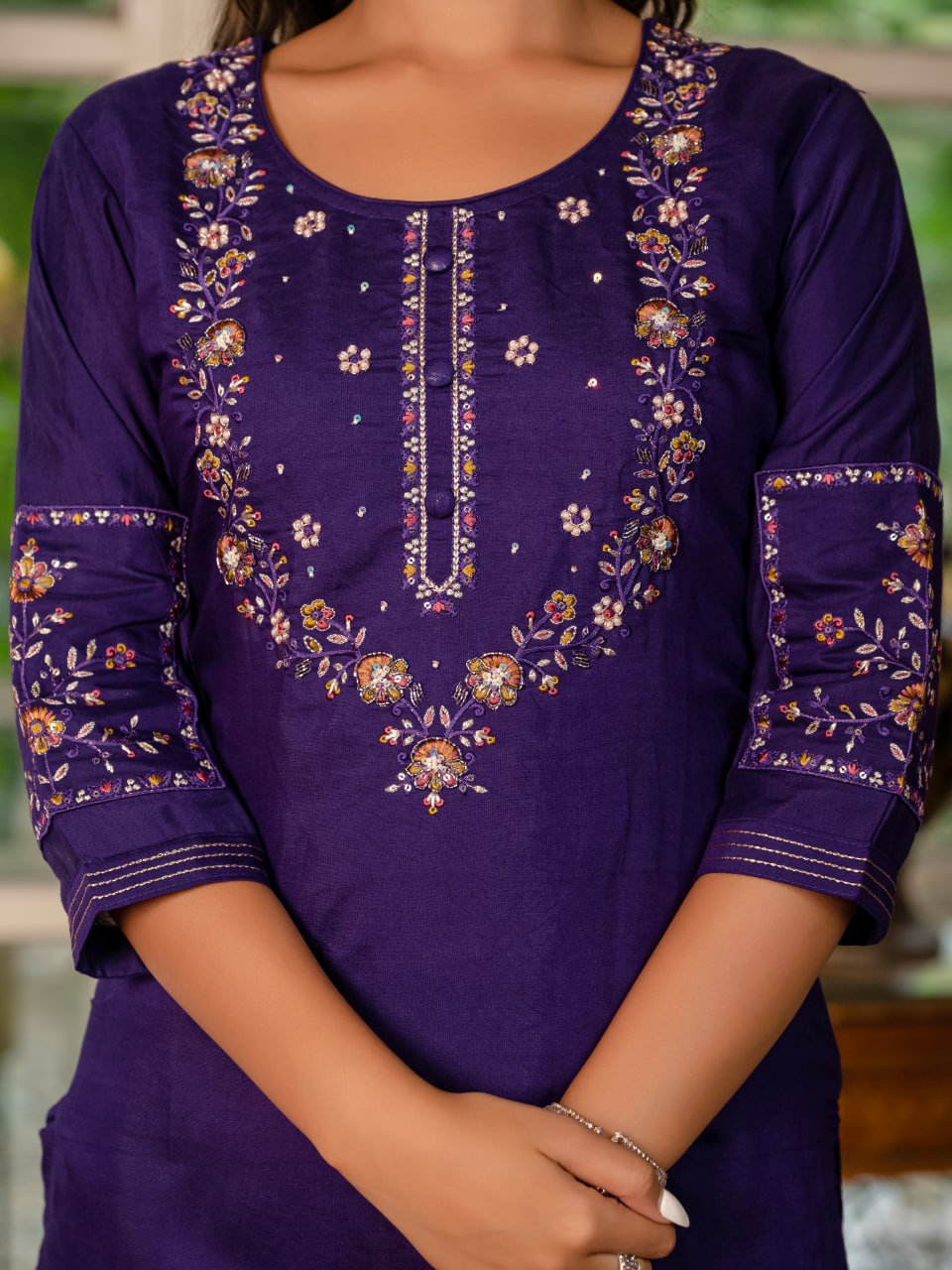 Purple Marina Silk Hand Embroidered Kurti Set with Maslin Dupatta
