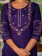 Purple Marina Silk Hand Embroidered Kurti Set with Maslin Dupatta