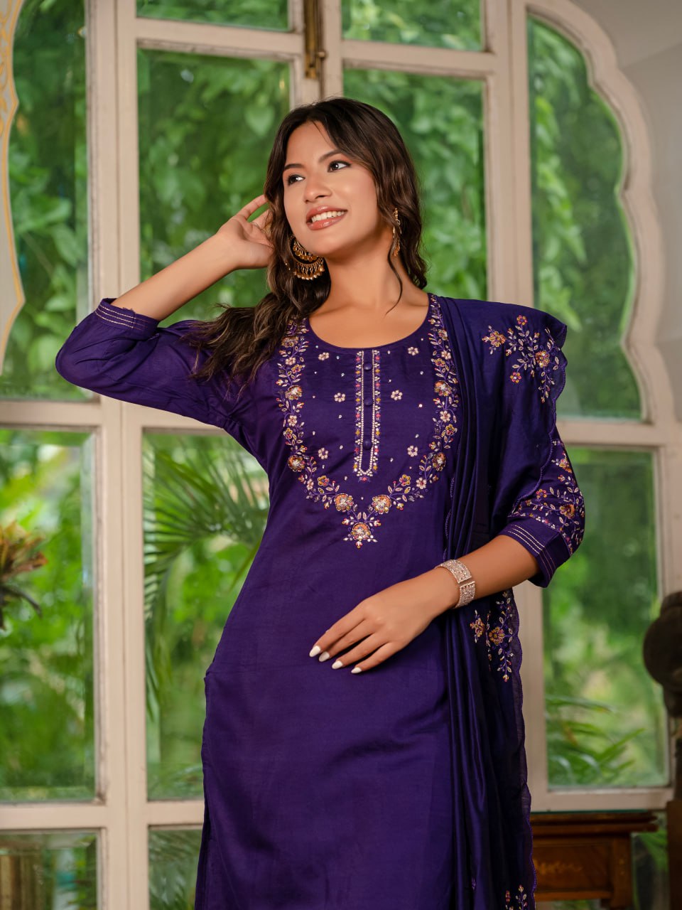 Purple Marina Silk Hand Embroidered Kurti Set with Maslin Dupatta