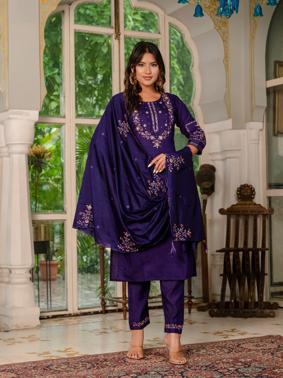 Purple Marina Silk Hand Embroidered Kurti Set with Maslin Dupatta