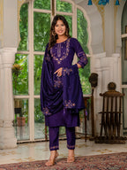 Purple Marina Silk Hand Embroidered Kurti Set with Maslin Dupatta