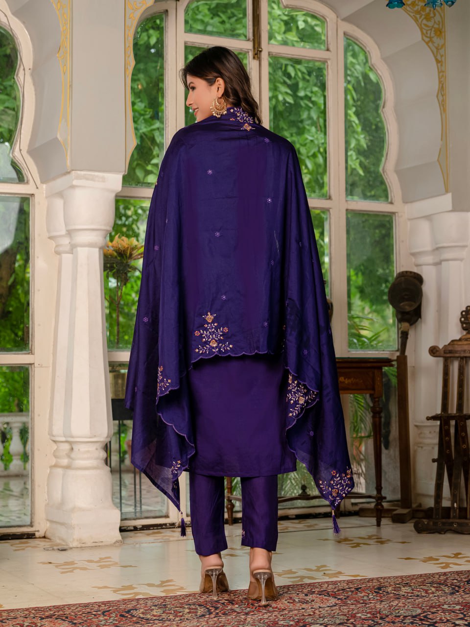 Purple Marina Silk Hand Embroidered Kurti Set with Maslin Dupatta