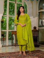 Lime Green Designer Marina Silk Embroidered Set with Maslin Dupatta