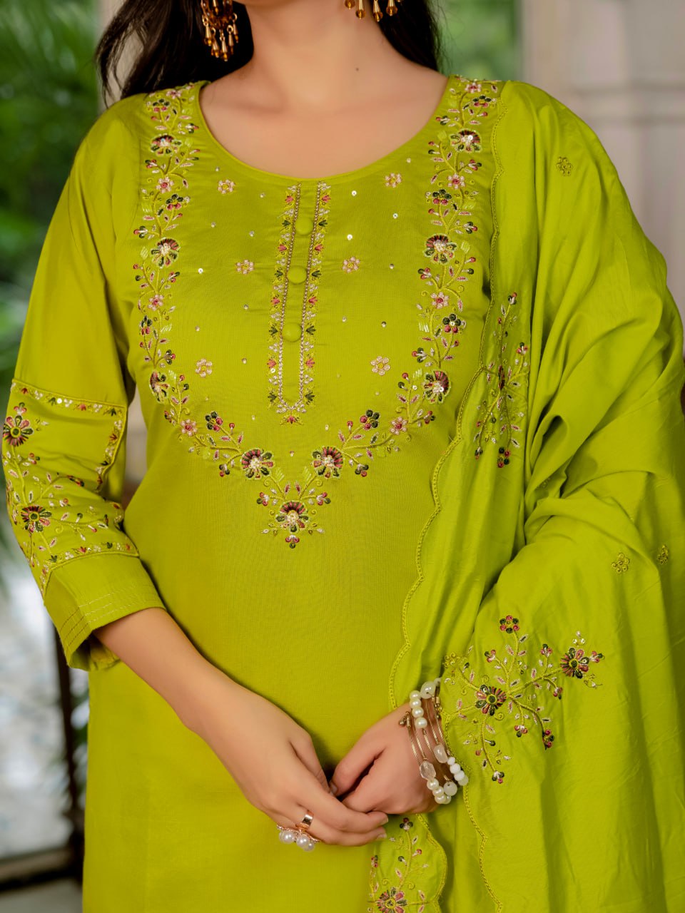 Lime Green Designer Marina Silk Embroidered Set with Maslin Dupatta