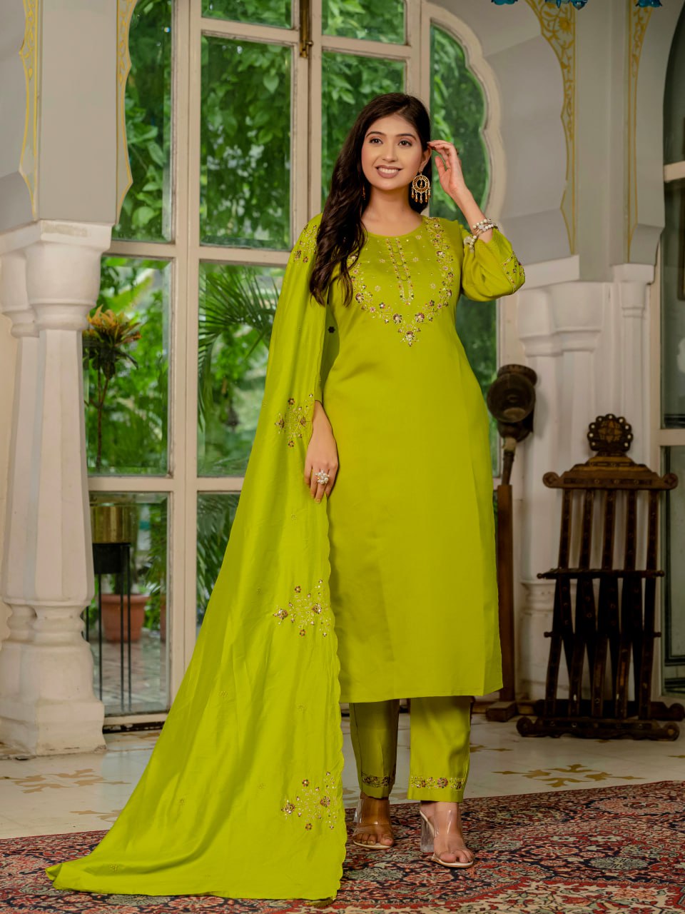 Lime Green Designer Marina Silk Embroidered Set with Maslin Dupatta