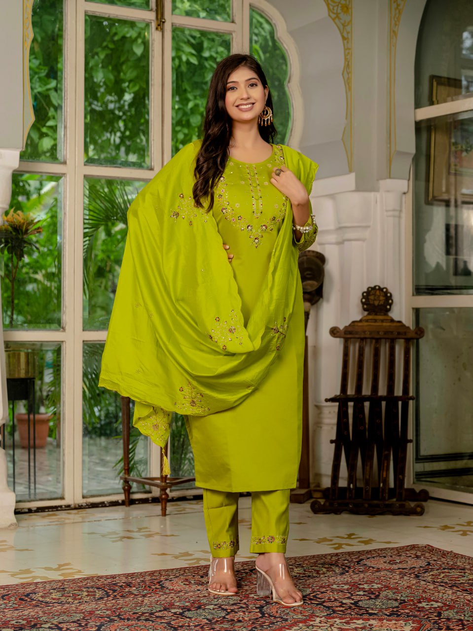 Lime Green Designer Marina Silk Embroidered Set with Maslin Dupatta