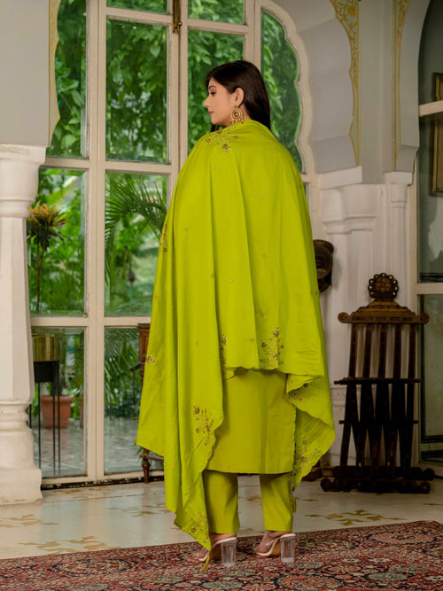 Lime Green Designer Marina Silk Embroidered Set with Maslin Dupatta